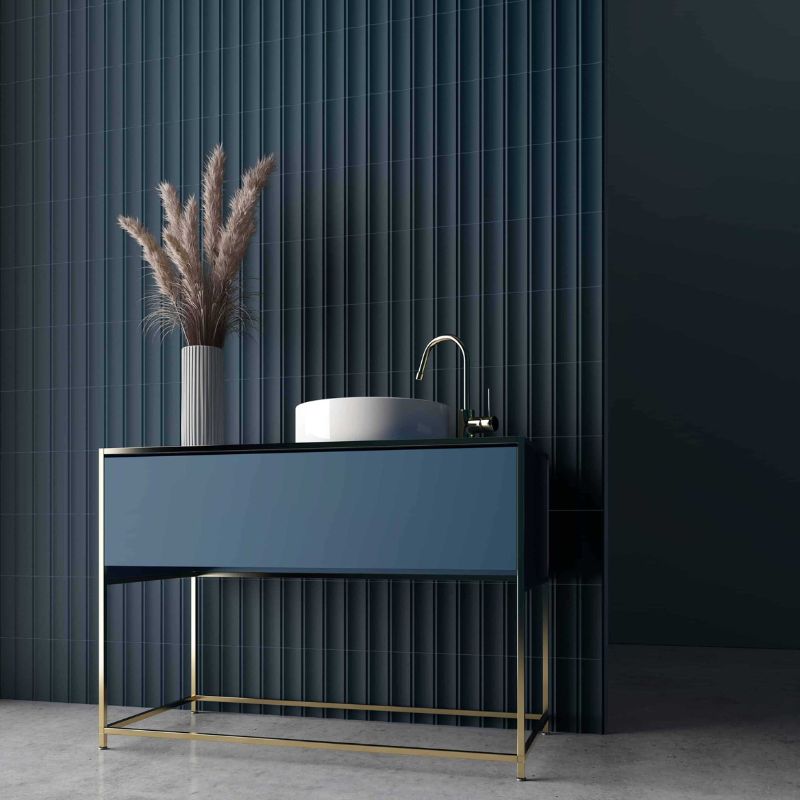 Modern bathroom featuring navy blue curved wall tiles from Advanced Flooring Waterloo – sleek vertical tile design for luxury interiors.