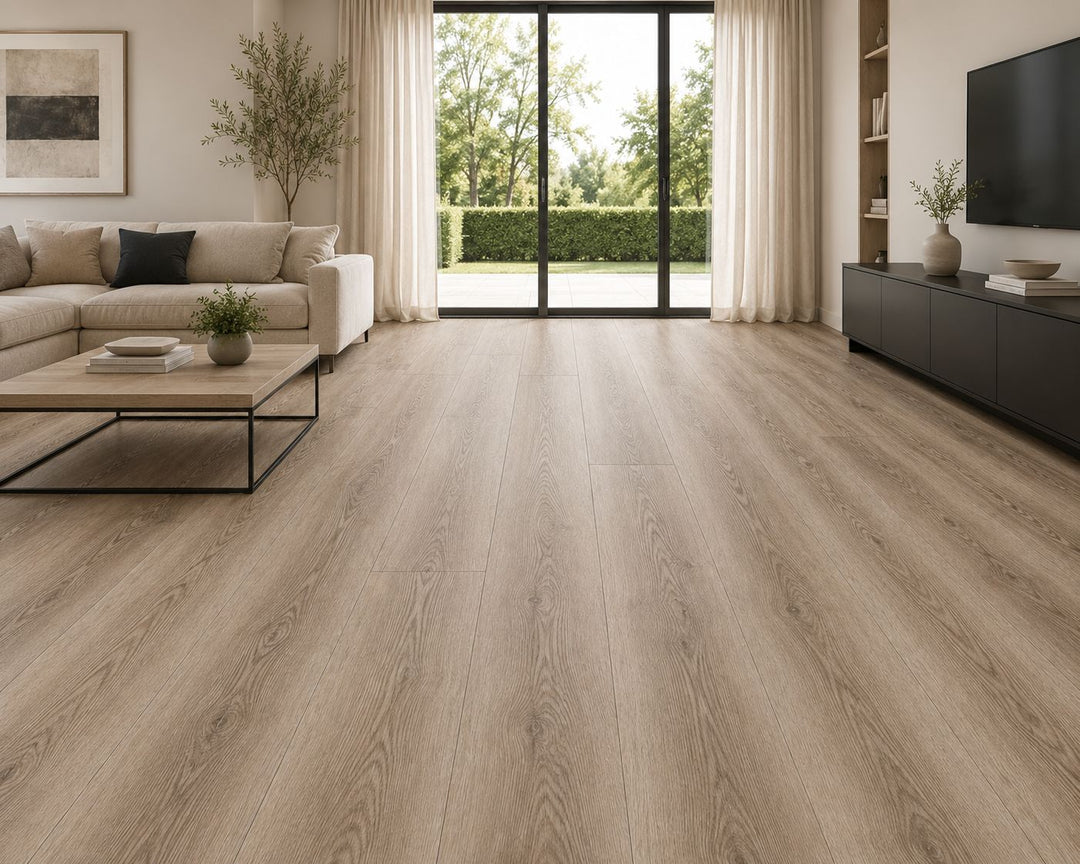 Tosca 9808 medium oak vinyl flooring in a modern, bright living room. Available at Advanced Flooring. 