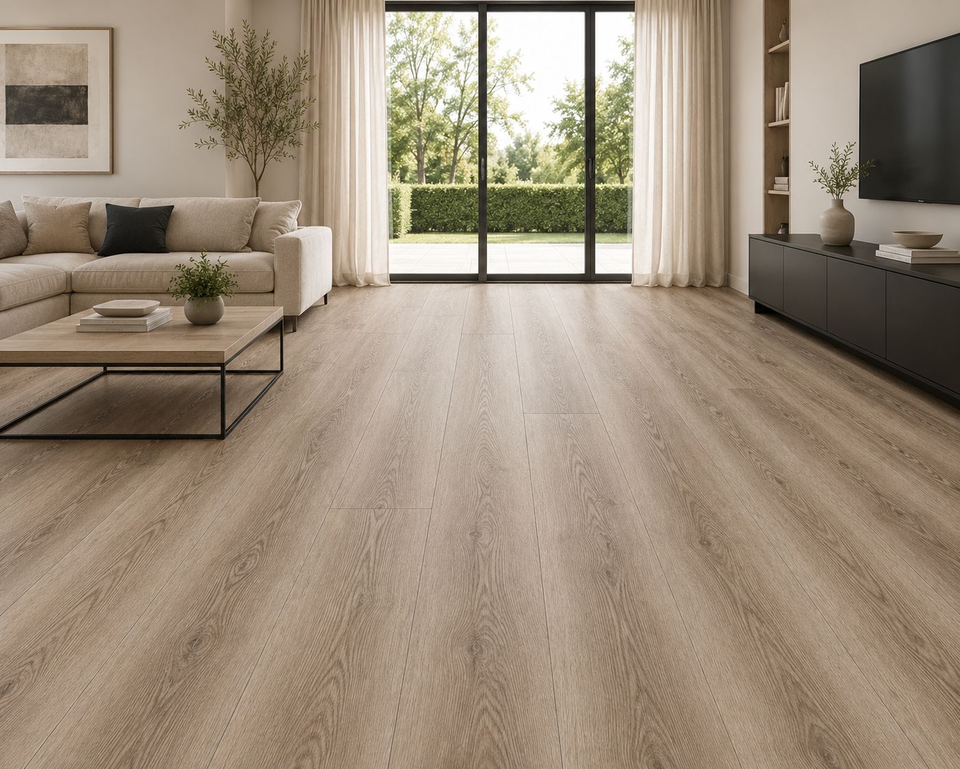 Tosca 9808 medium oak vinyl flooring in a modern, bright living room. Available at Advanced Flooring. 