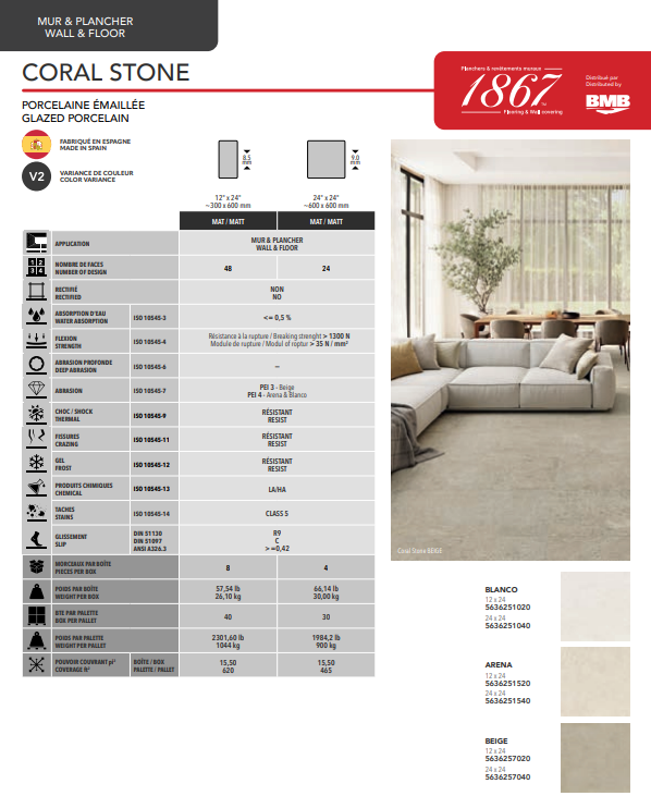 Product information sheet for 'Coral Stone' flooring with BMB logo and color swatches.