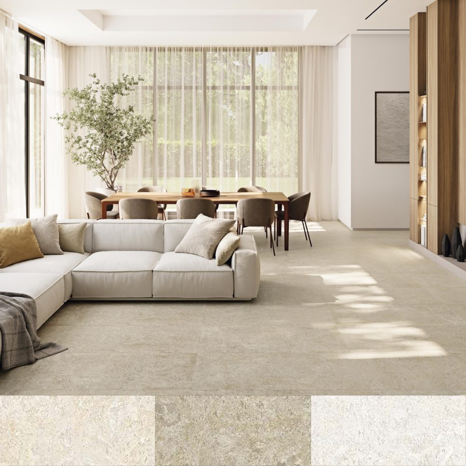 Modern living room with a sectional sofa, coffee table, and dining area.