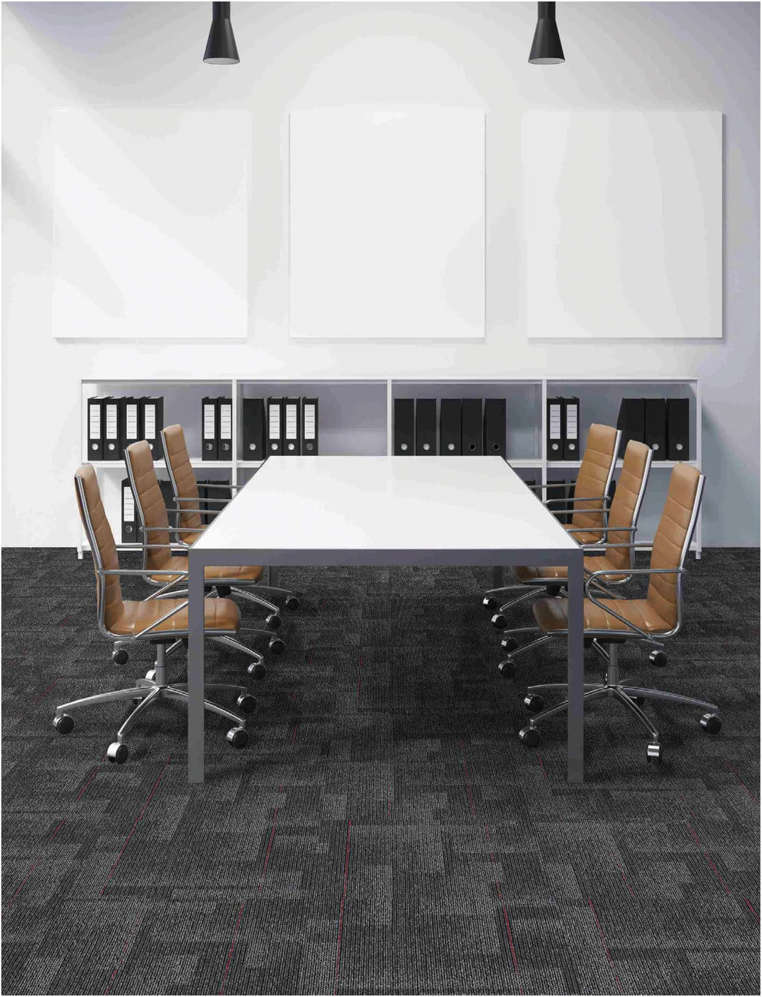Modern conference room with a white table and brown chairs.