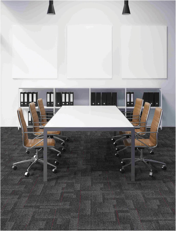Modern conference room with a white table and brown chairs.