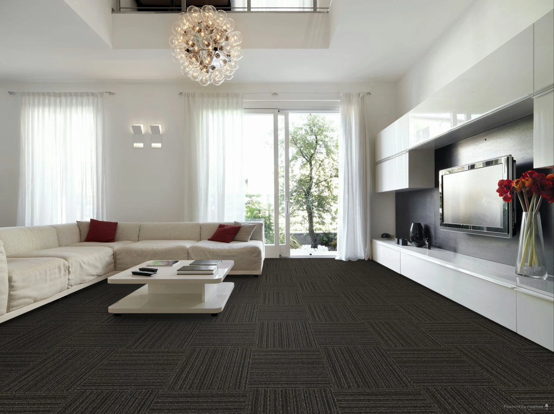 Modern living room with a sectional sofa, coffee table, and television.