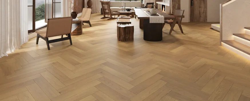 Room view of Dusken Veil engineered hardwood from Fuzion's Velvet Grove Herringbone collection. Available at Advanced Flooring Waterloo.