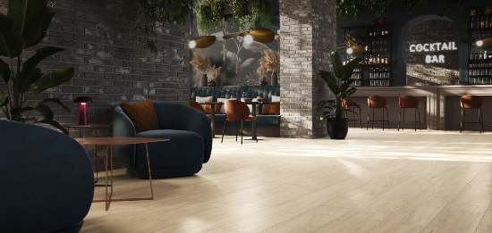 Modern interior design with a cocktail bar in the background