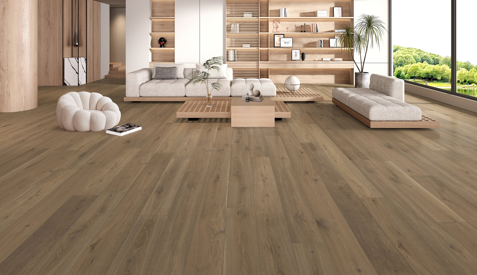 Living room with rustic engineered white oak hardwood flooring – warm natural wood floors by Advanced Flooring Waterloo.