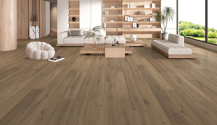 Living room with rustic engineered white oak hardwood flooring – warm natural wood floors by Advanced Flooring Waterloo.