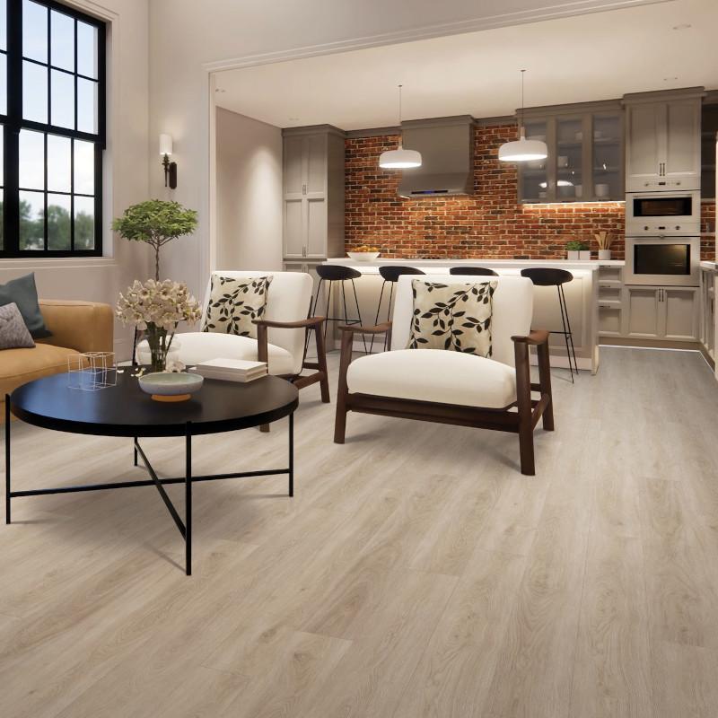 Modern room with 4.5mm vinyl plank installed in the colour Eve by Mohawk SolidTech Essentials sold by Advanced Flooring in Kitchener-Waterloo.