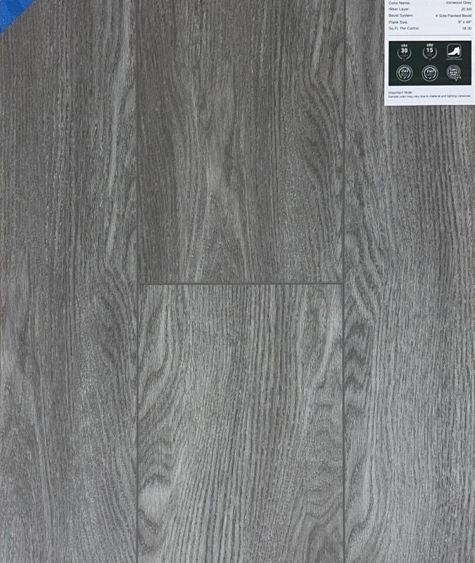 Ironwood Grey SPC vinyl plank flooring sample by Advanced Flooring Waterloo – eco-friendly, FloorScore certified, and available for fast Canada-wide delivery.