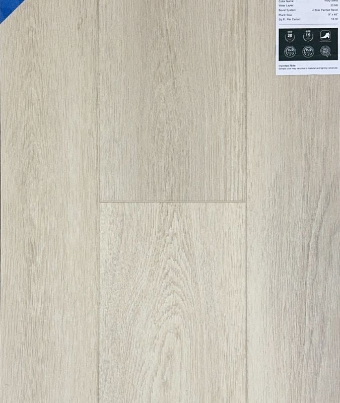 Close-up of Ivory Sand SPC rigid core vinyl plank, easy click-lock edges and scratch-resistant 20 mil wear layer for long-lasting performance available at Advanced Flooring Waterloo. 