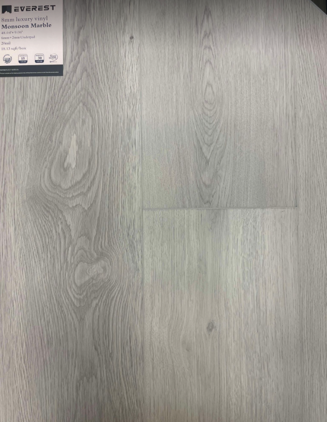 Monsoon Marble 8mm SPC vinyl plank samples showcase a smooth matte finish, high durability, and easy maintenance for residential or commercial projects.