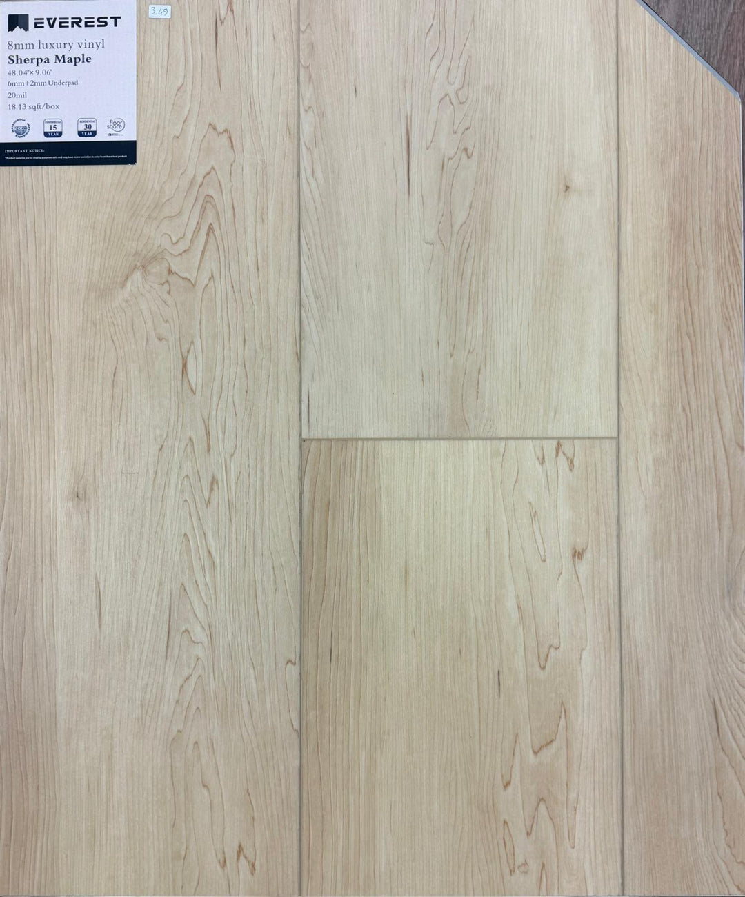 Sherpa Maple 8mm SPC vinyl plank samples, showcasing smooth matte finish, high durability, and easy maintenance for residential or commercial projects.