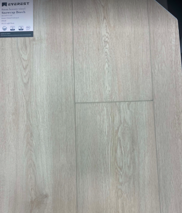 Snowcap Beech 8mm SPC vinyl plank samples, showcasing smooth matte finish, high durability, and easy maintenance for residential or commercial projects.
