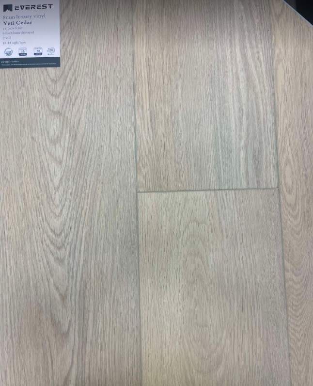 Yeti Cedar 8mm SPC vinyl plank samples, showcasing smooth matte finish, high durability, and easy maintenance for residential or commercial projects.