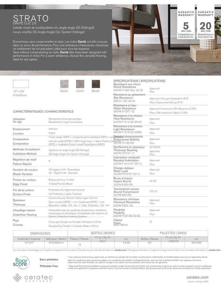 Strato Ceneri - Ceratec Vinyl Tile 5.3mm Dante Clic 2.0