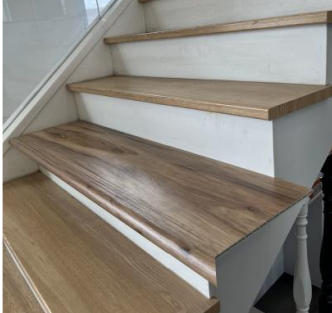 Durability, stain and scratch resistance, 
and adds texture Flooratworks Vinyl Stair set matching color with the floor