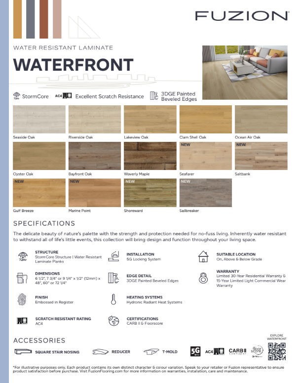 Fuzion Waterfront water-resistant laminate flooring with various wood finishes and specifications.