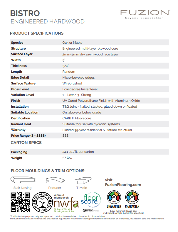 Product specification of Fuzion's Bistro engineered hardwood collection.  