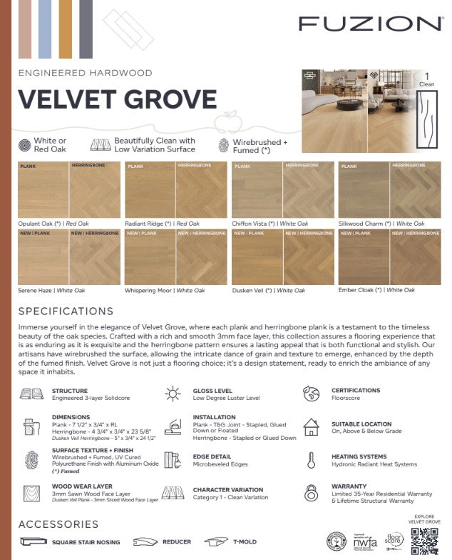 Fuzion Velvet Grove engineered hardwood specification sheet with images and details. 