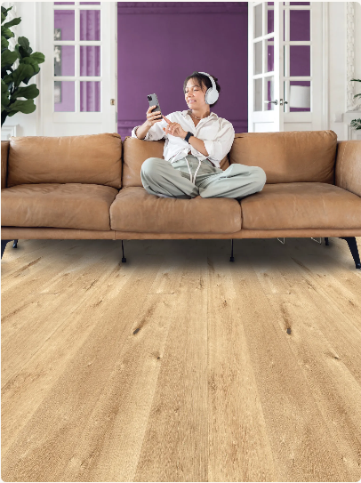 Galileo engineered oak hardwood flooring installed in a modern interior with wide 8 1/2 inch planks, from Fuzion’s Nouveau Renaissance Collection. Canada-wide delivery Available.