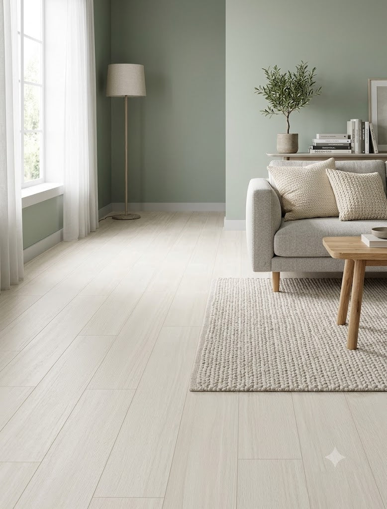 Light-colored wood plank flooring shown in a modern, minimalist living room setting with a gray sofa, textured rug, and sage green walls.