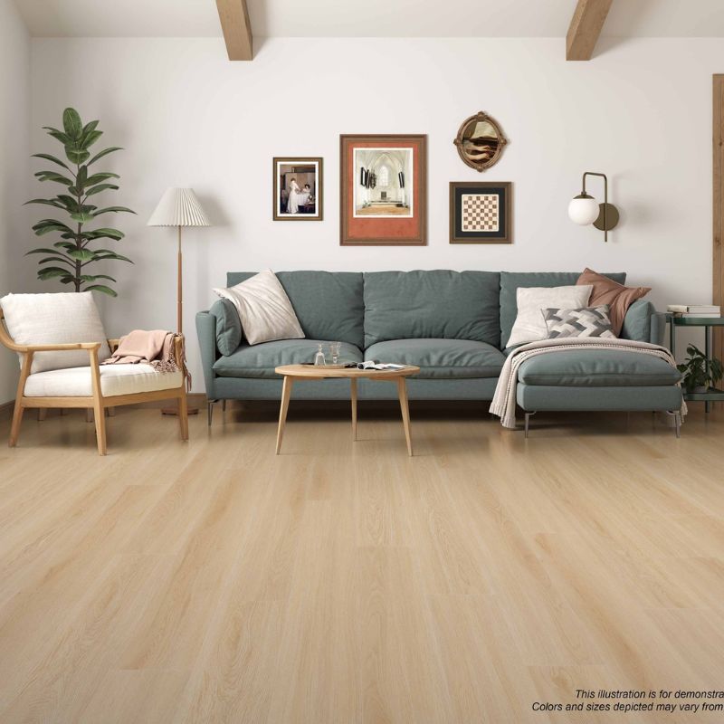 Living room interior featuring Grandeur Inov8 SPC vinyl flooring in Flowerpot Island color, showcasing natural light wood tones and smooth matte finish.