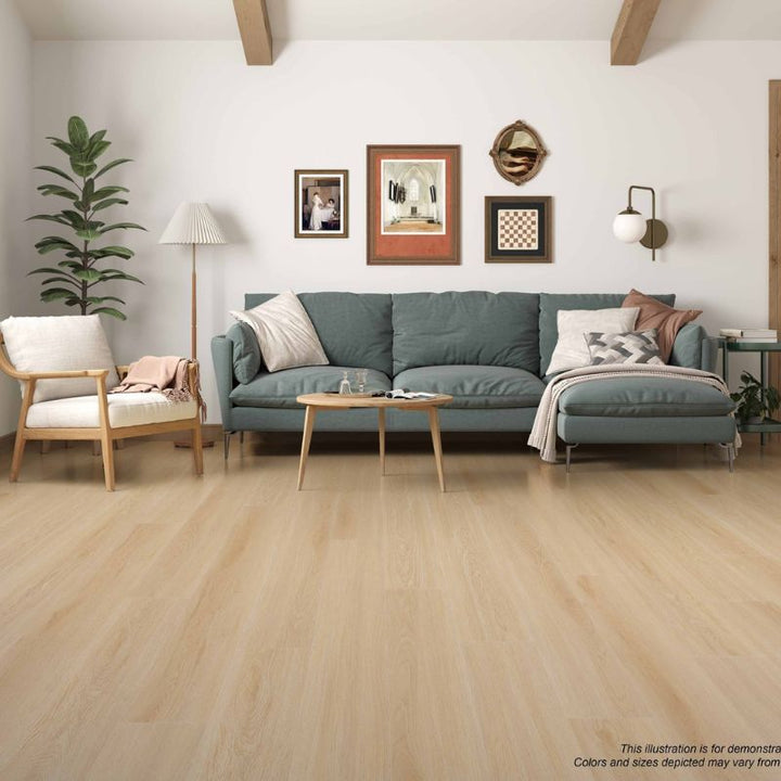 Living room interior featuring Grandeur Inov8 SPC vinyl flooring in Flowerpot Island color, showcasing natural light wood tones and smooth matte finish.