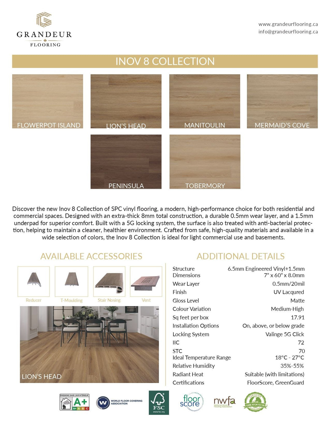 Grandeur Inov8 Collection product details showing flooring colors, specifications, and accessories including Lion’s Head SPC vinyl flooring sample.