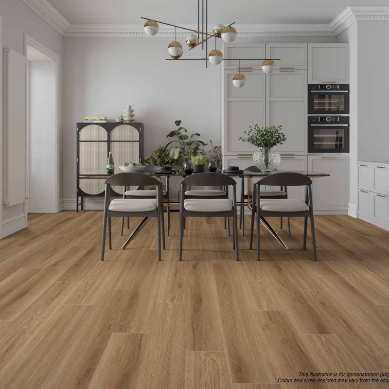 Dining room interior featuring Grandeur Inov8 SPC vinyl flooring in Lion’s Head color, highlighting waterproof 8mm planks with natural oak tones.