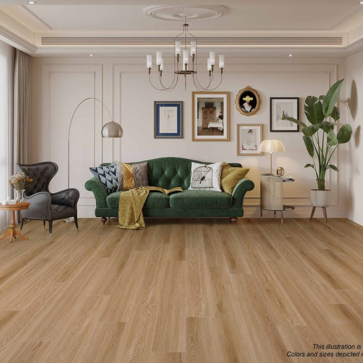 Living room interior showcasing Grandeur Inov8 SPC vinyl flooring in Manitoulin shade, highlighting warm natural oak hues and elegant wood grain texture.