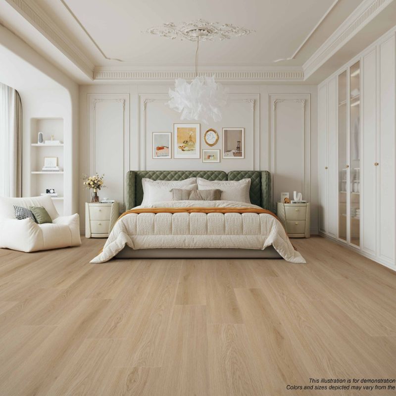 Bedroom interior showcasing Grandeur Inov8 SPC vinyl flooring in Mermaid’s Cove shade, with soft neutral wood finish and 8mm waterproof planks.