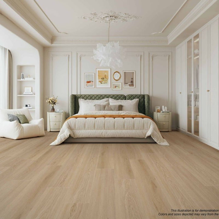 Bedroom interior showcasing Grandeur Inov8 SPC vinyl flooring in Mermaid’s Cove shade, with soft neutral wood finish and 8mm waterproof planks.