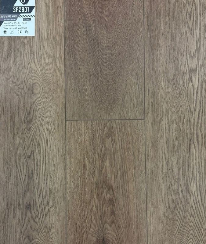 Close-up of SP2801 SPC flooring sample showing painted bevel edges, 20 mil wear layer, and natural grain pattern perfect for modern interiors.