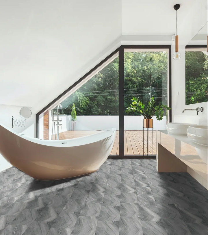 Modern bathroom with a freestanding bathtub, floor-to-ceiling window, and wooden deck outside.