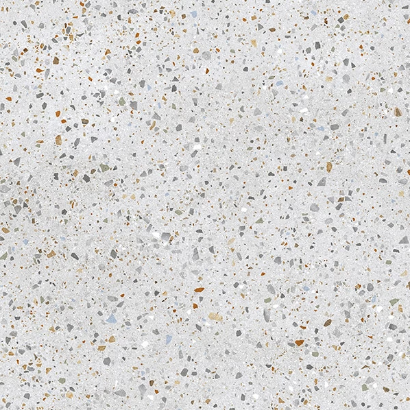 A close-up image of a porcelain tile with a matte grey finish from the Color Terrazzo Collection.