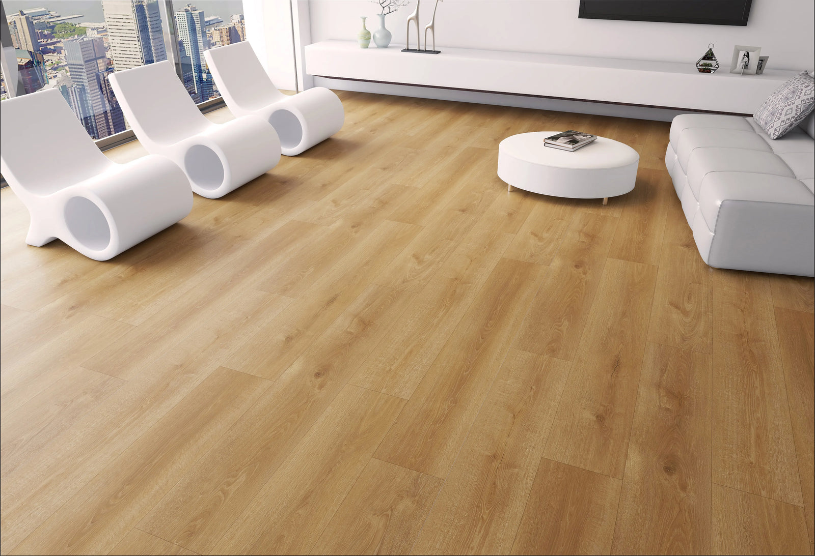 Modern living room with wooden flooring, white furniture, and cityscape view.