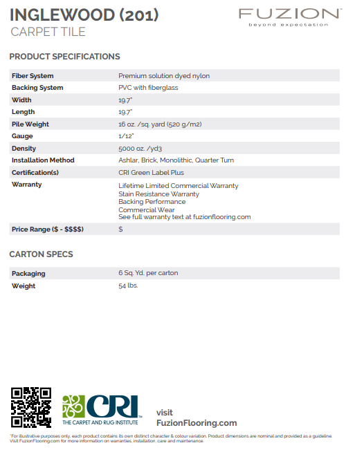 Product specifications for Inglewood carpet tile by Fuzion on a white background