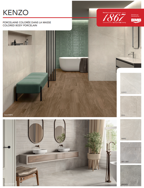 Bathroom interior design with tiled walls and wooden floor, featuring KENZO and BMB branding.