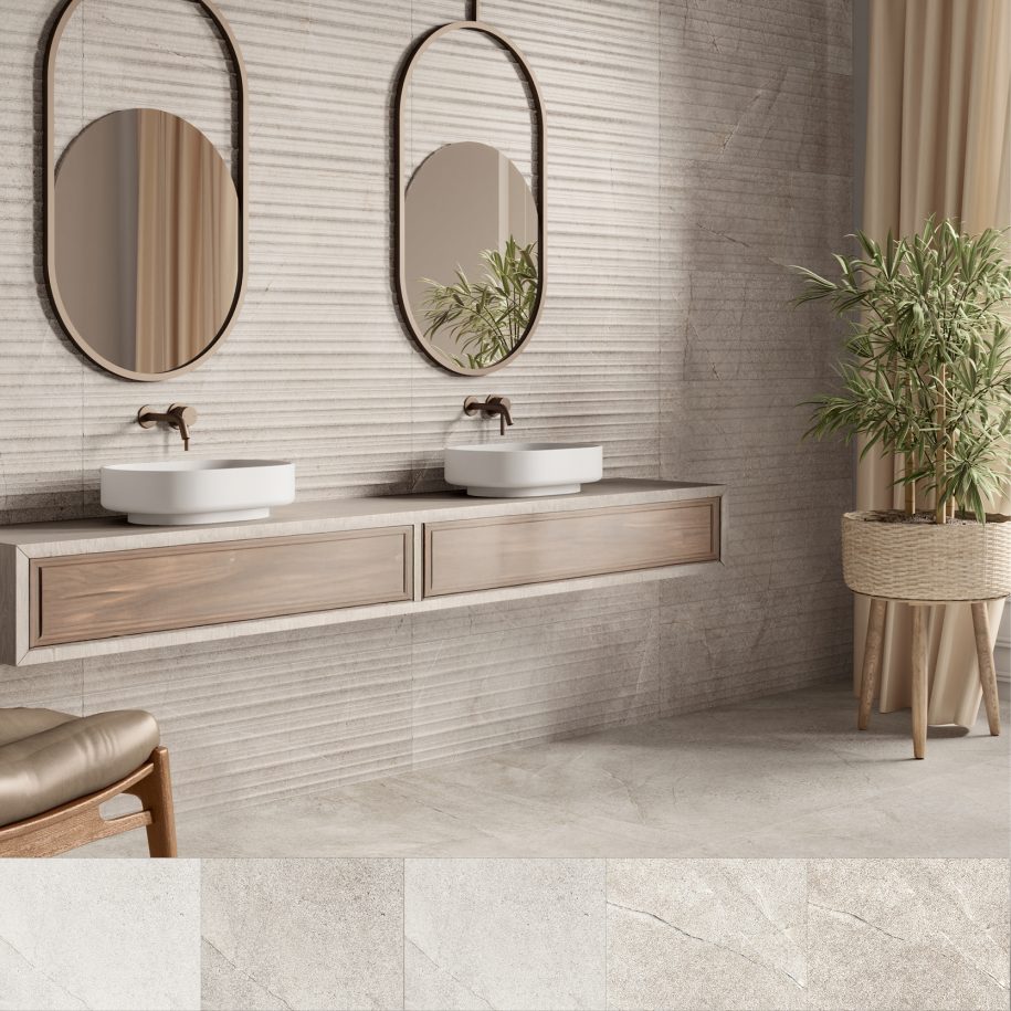 Bathroom with wooden vanity, round mirrors, and a plant.