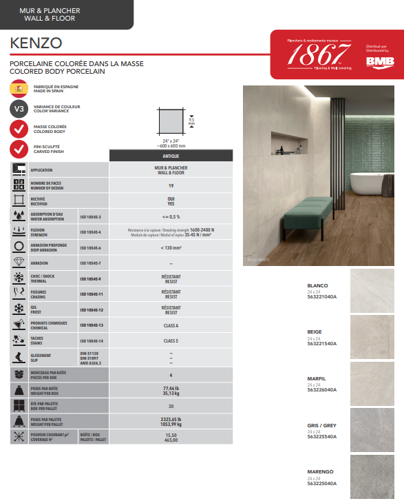 BMB Kenzo porcelain tile product sheet with images and specifications.