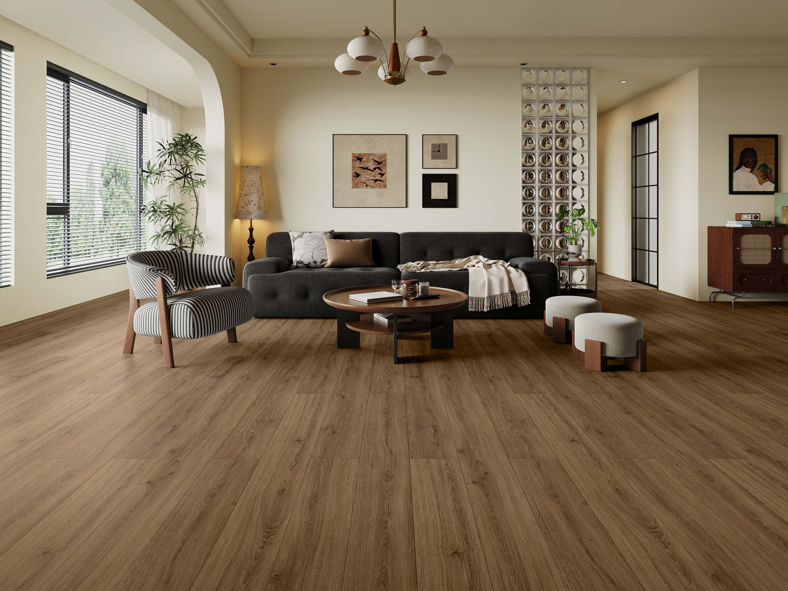 LV328 Zermatt, A wide, bright living room with light brown wood-look laminate plank flooring from Lavo. Available at Advanced Flooring Waterloo. 