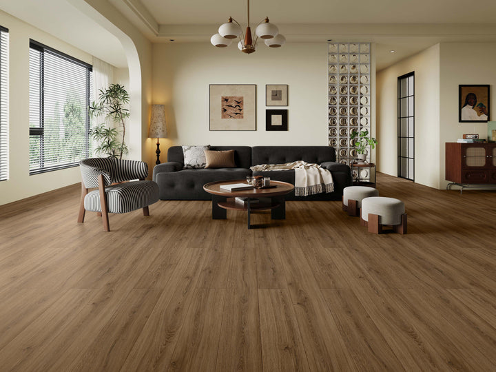 LV328 Zermatt, A wide, bright living room with light brown wood-look laminate plank flooring from Lavo. Available at Advanced Flooring Waterloo. 