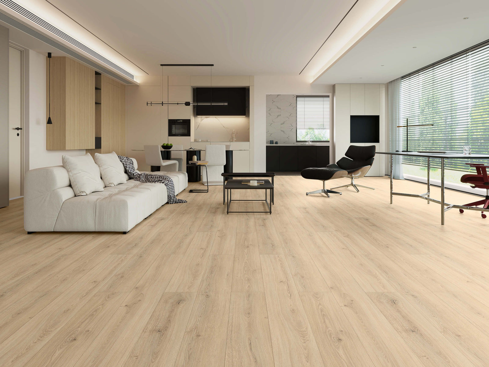 LV329 St.moritz, light rustic oak laminate flooring shown in a modern, bright open-plan living room with a white sectional sofa. Available at Advanced Flooring Waterloo. 