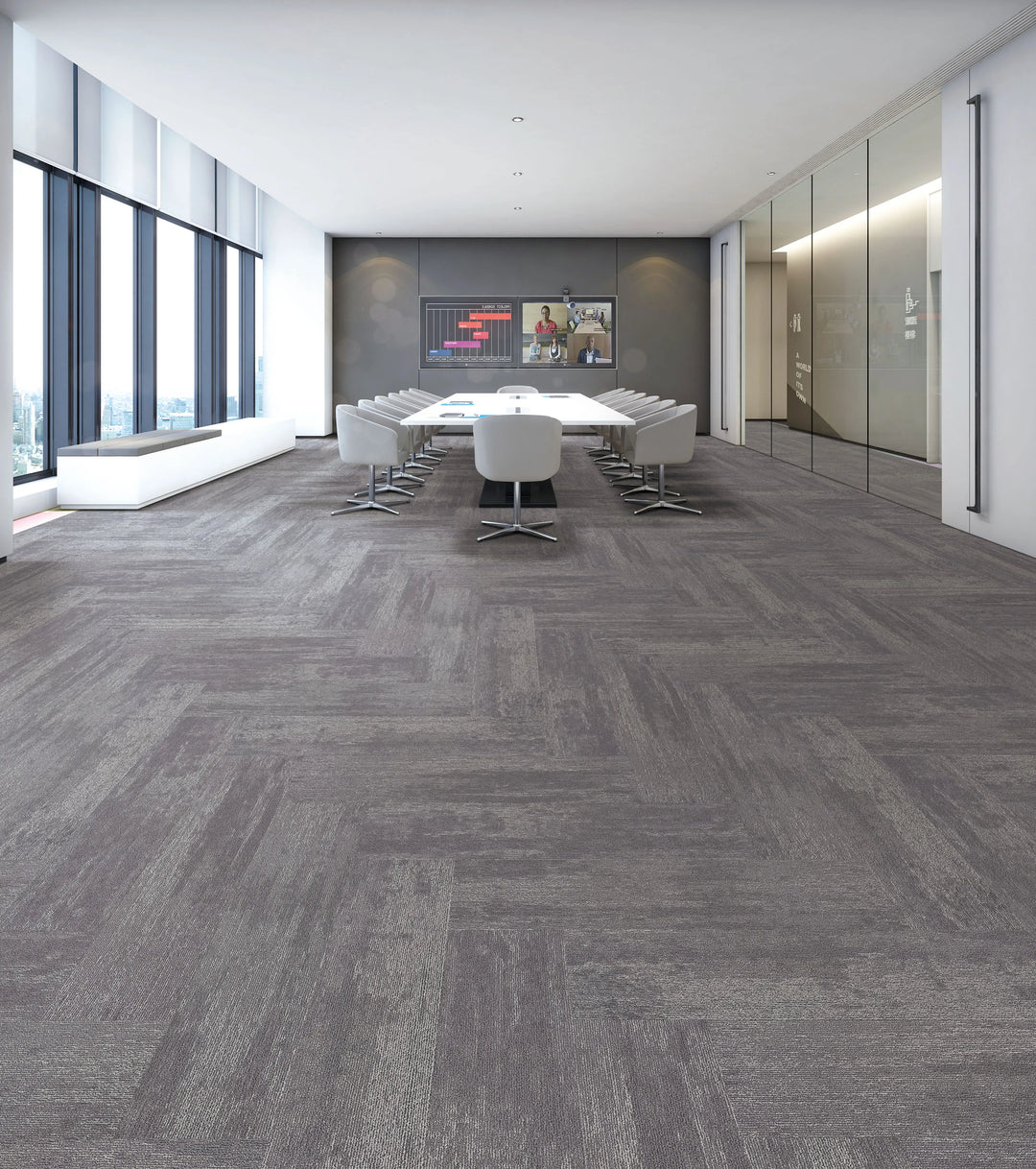 Modern office conference room with gray herringbone patterned carpet