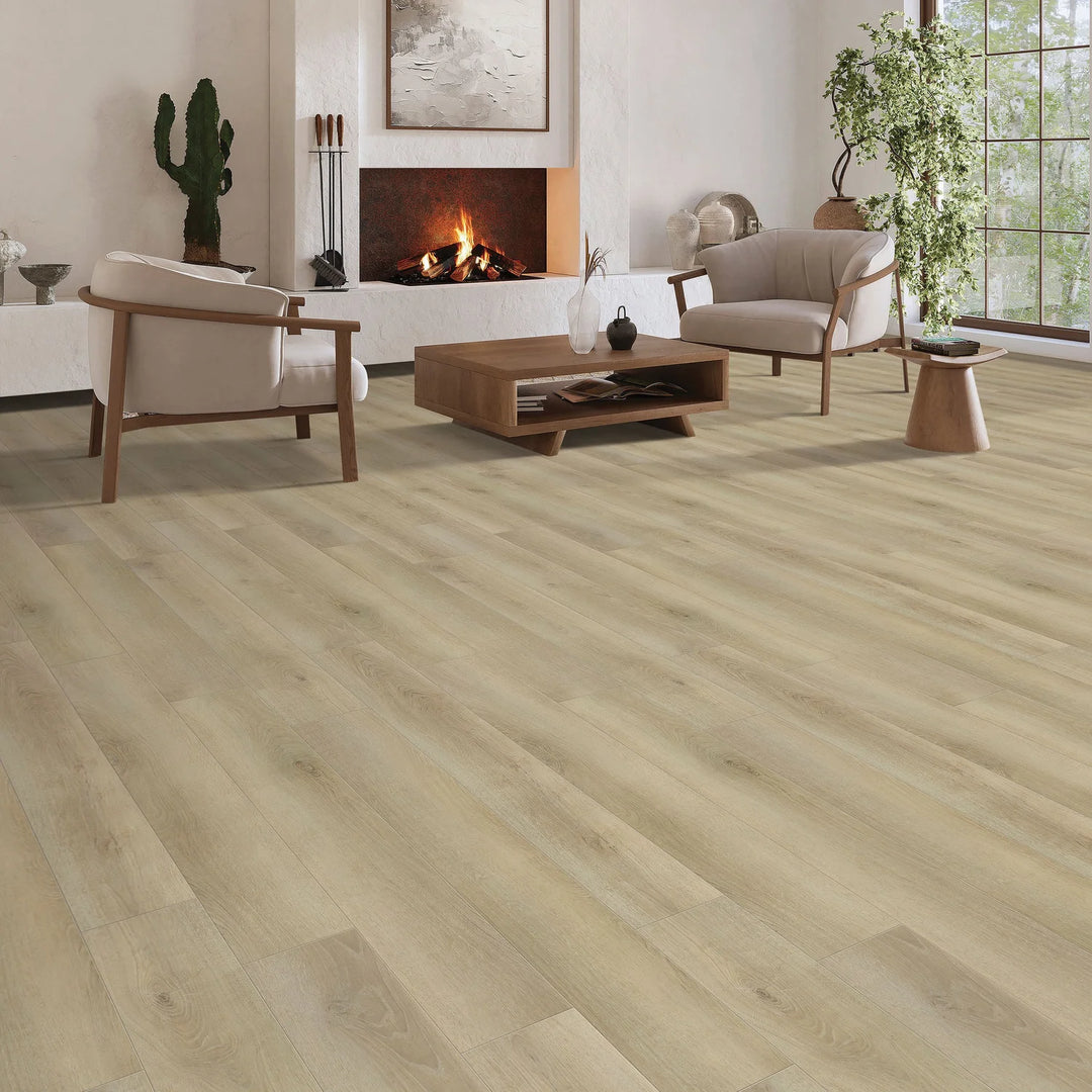 Living room with wooden flooring, furniture, and a fireplace.