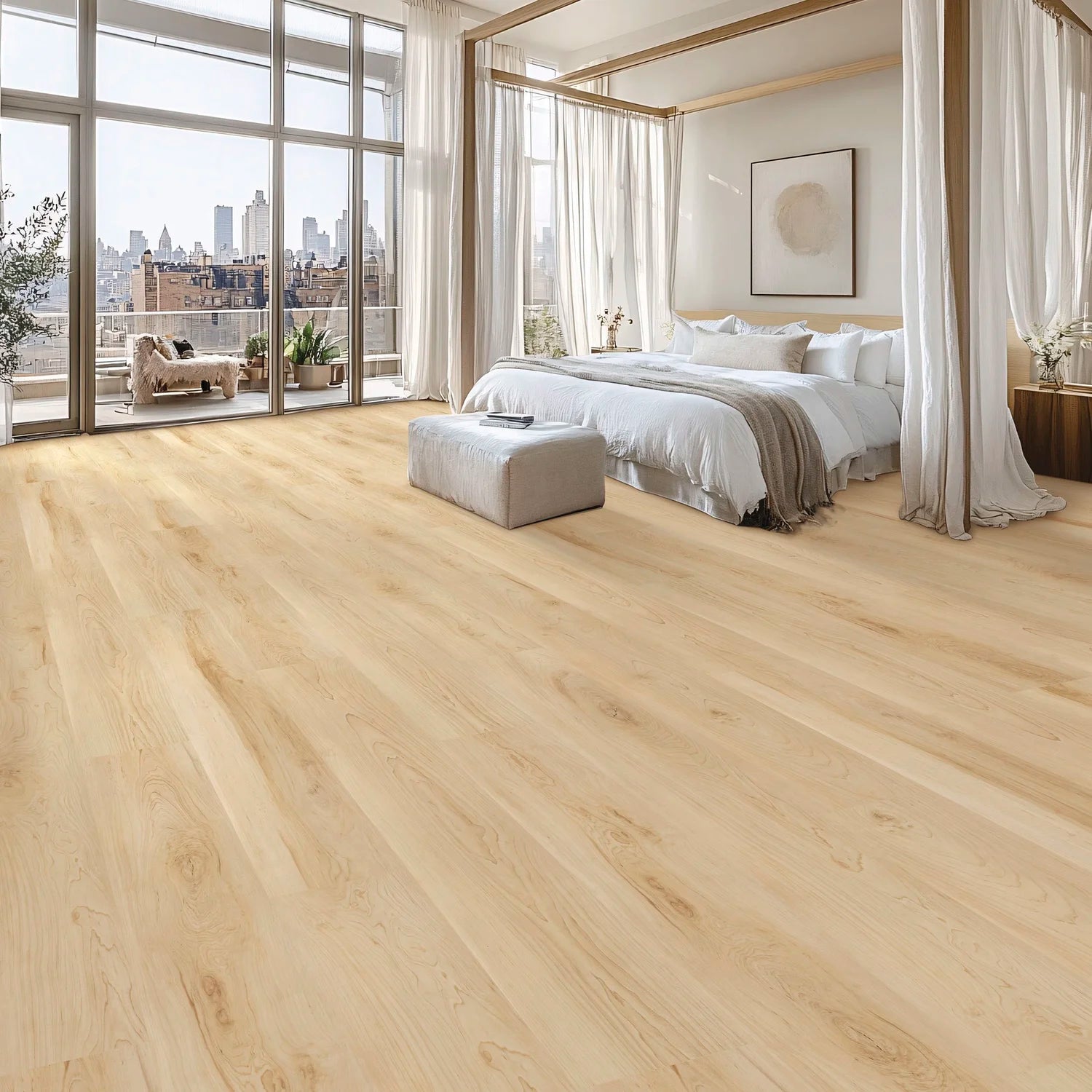 Modern bedroom with wooden flooring, bed, and cityscape view.