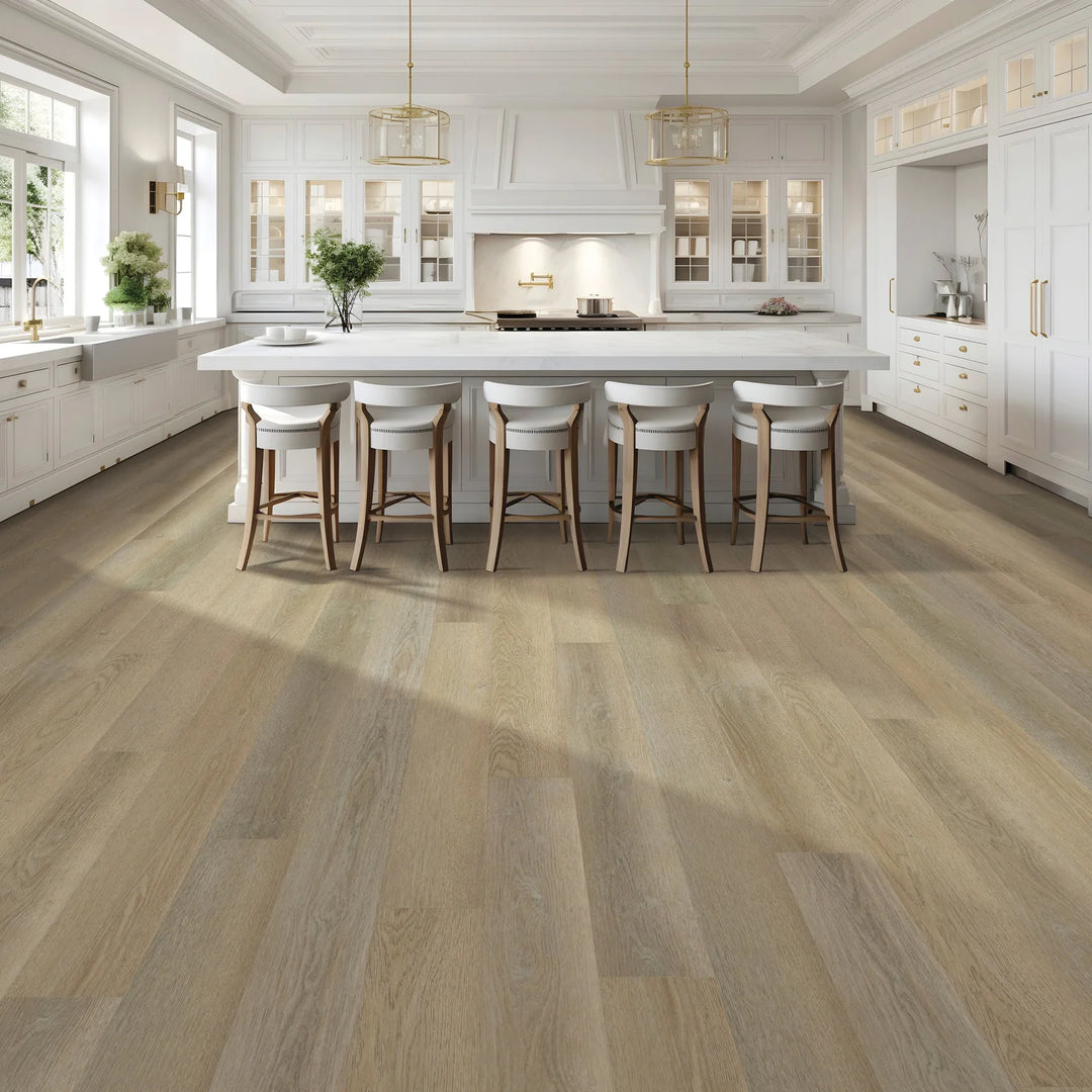 Modern kitchen with wooden floor and white cabinetry