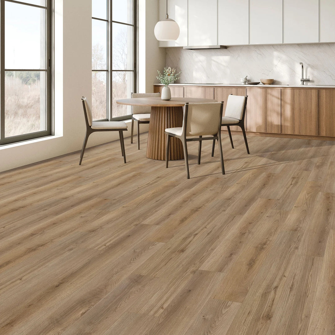 Wooden flooring in a modern kitchen with a dining table and chairs.