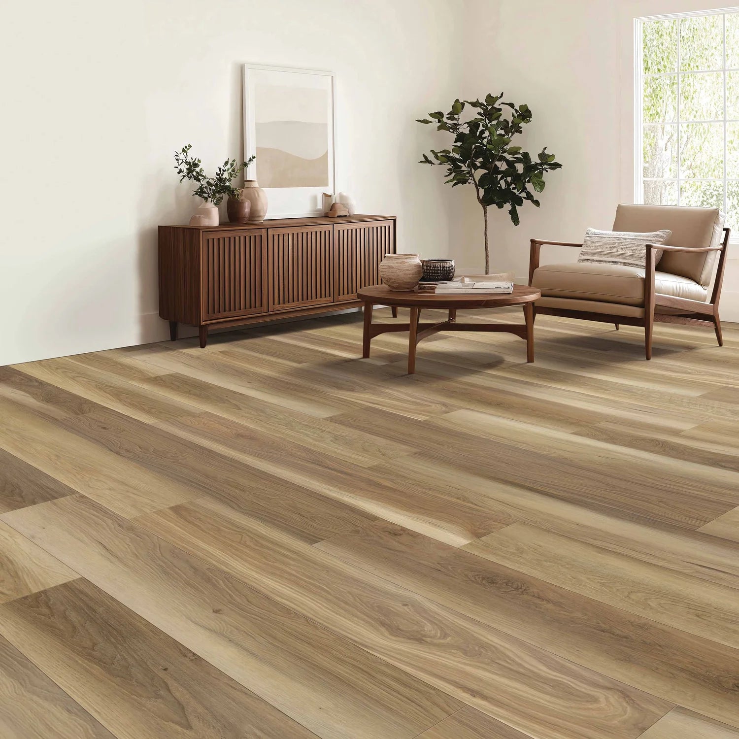 Living room with wooden flooring, furniture, and decor.